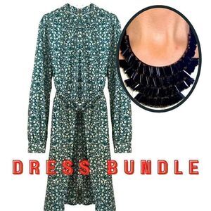 Like New Ruched Mock Neck White Floral Print Teal Midi Dress + Necklace Bundle